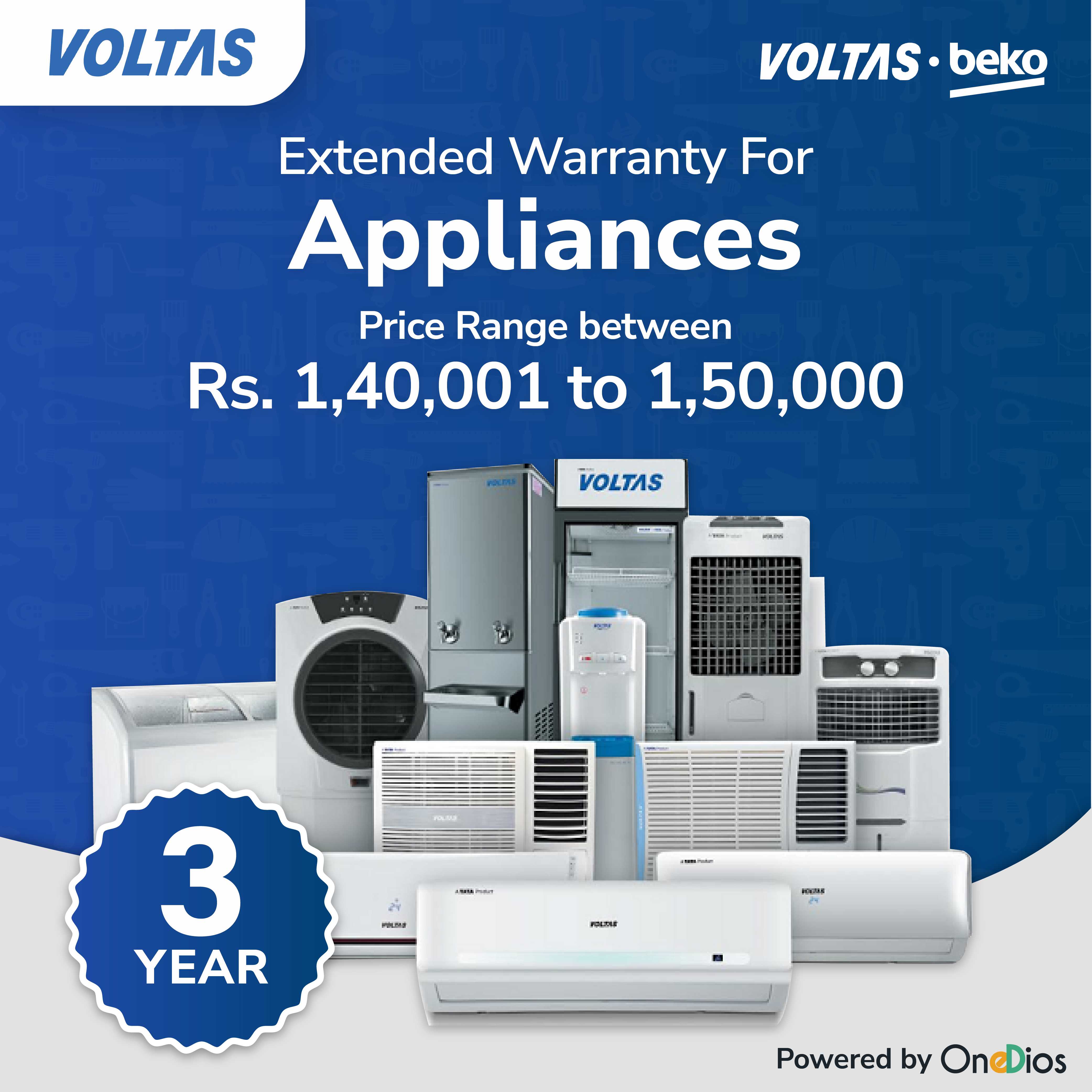 Voltas and Voltas Beko Three Years Extended Warranty for Appliance Price Range Between Rs.140001 to 150000